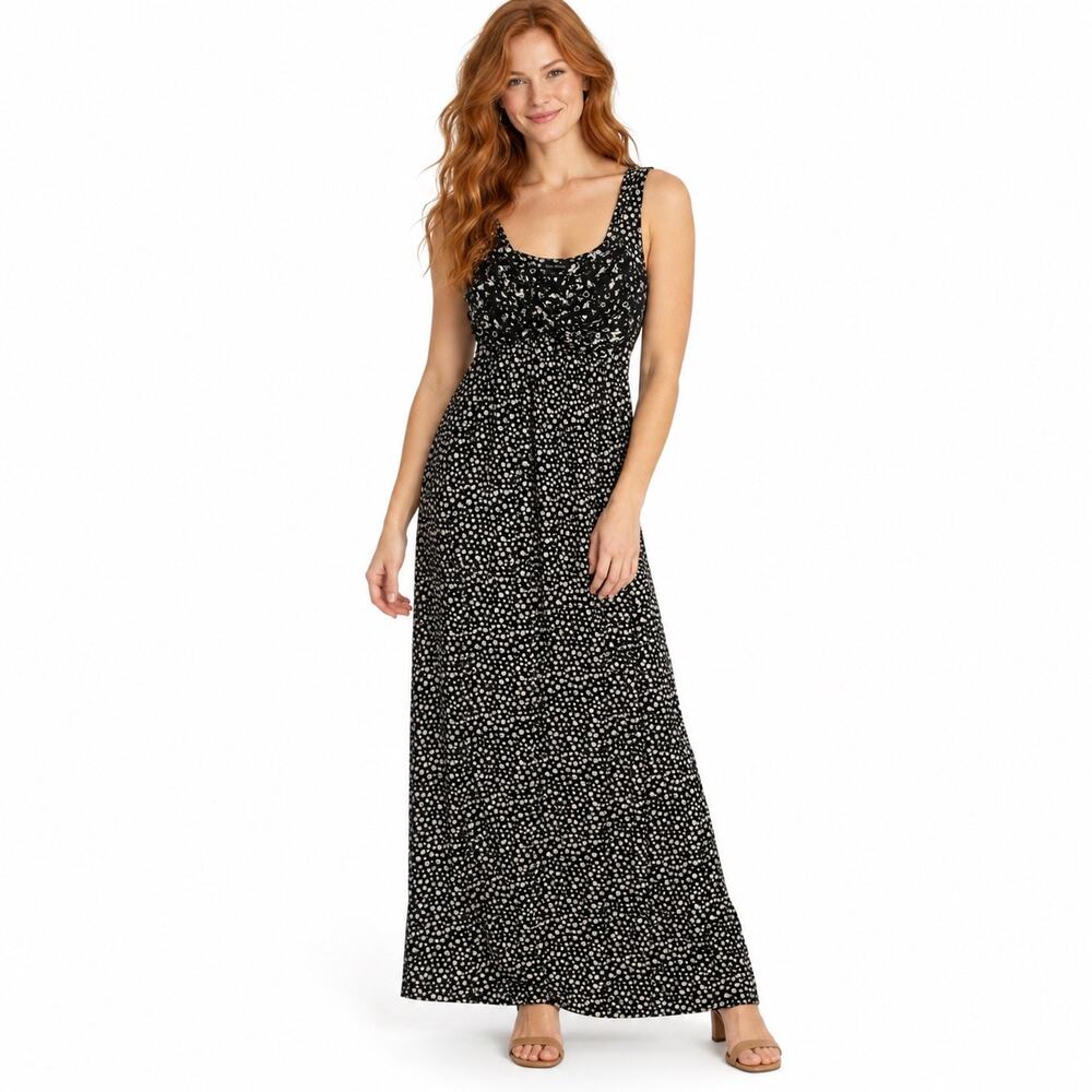 Sleeveless maxis dress scoop neckline black and cream abstract print. Women M